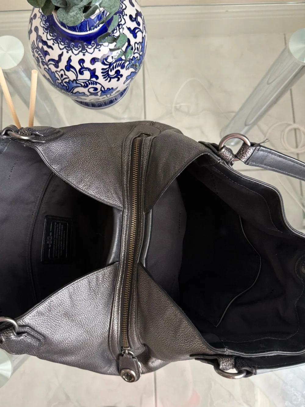Coach Metallic Charcoal Pebbled Leather Shoulder Bag